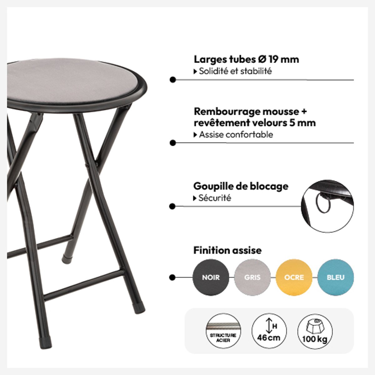 Tabouret pliant assise velours structure métal gris, 5FIVE SIMPLY SMART