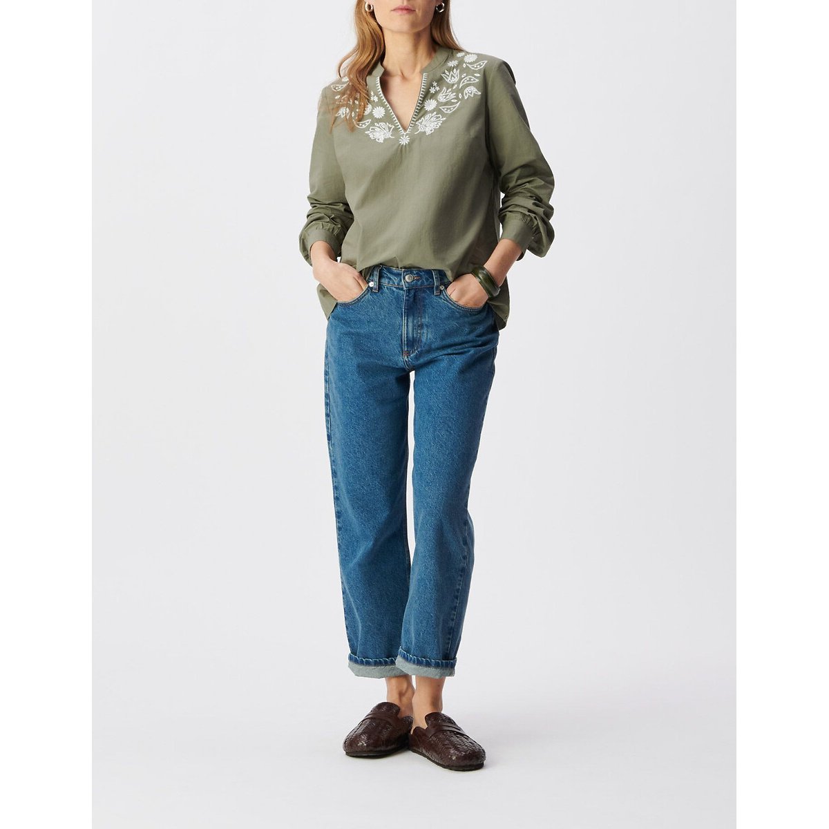 Blouse col V manches longues brodée kaki, IKKS