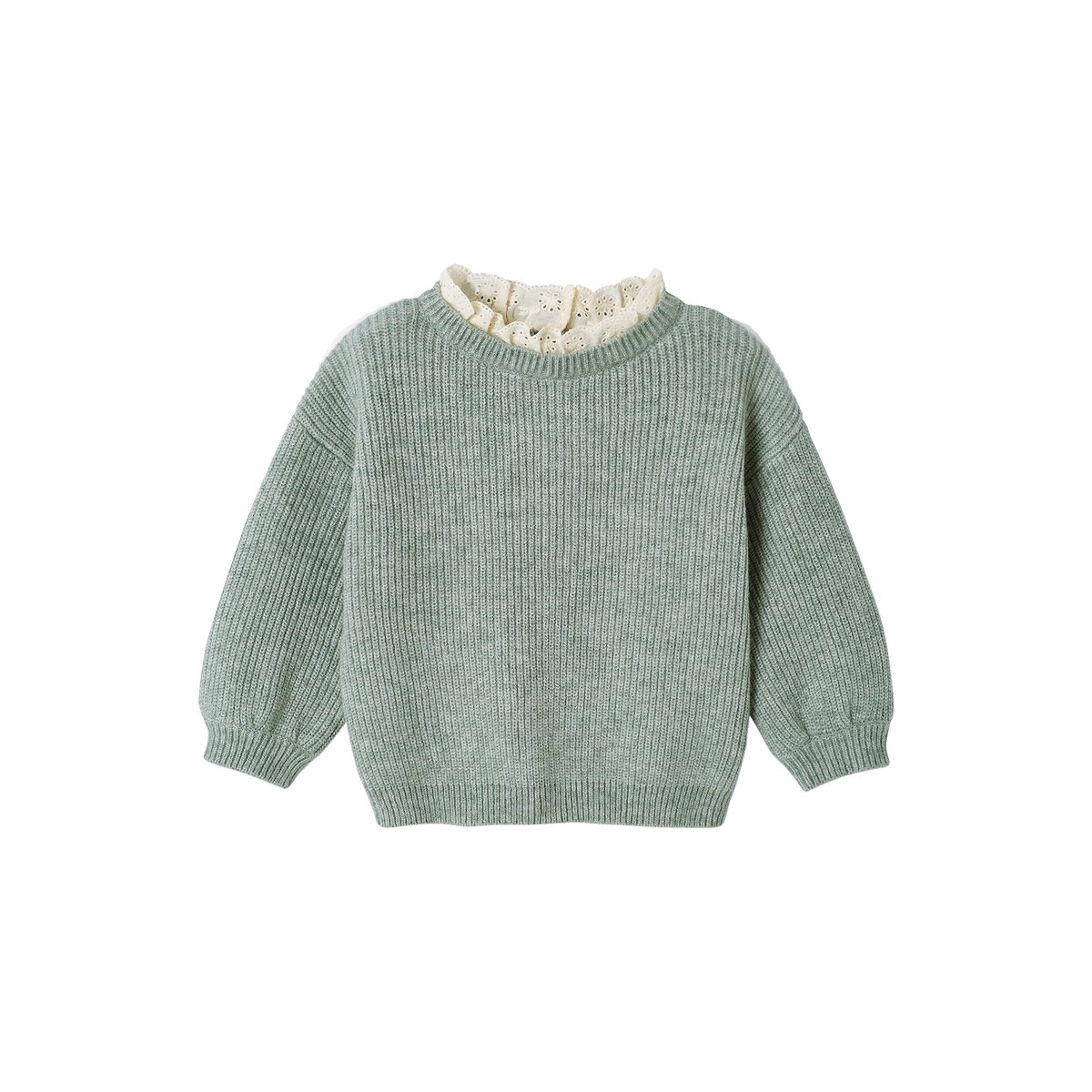 Pull bébé en côte perlée col en broderie anglaise vert sauge, VERTBAUDET