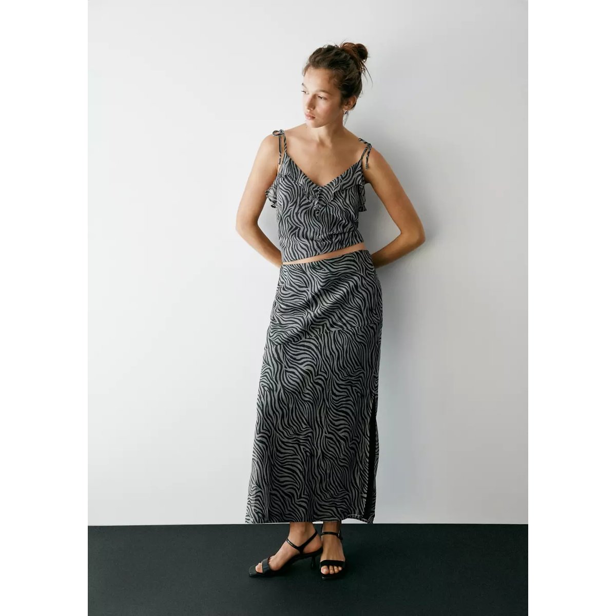 Jupe longue imprimée zèbre fendue marron, MANGO TEEN