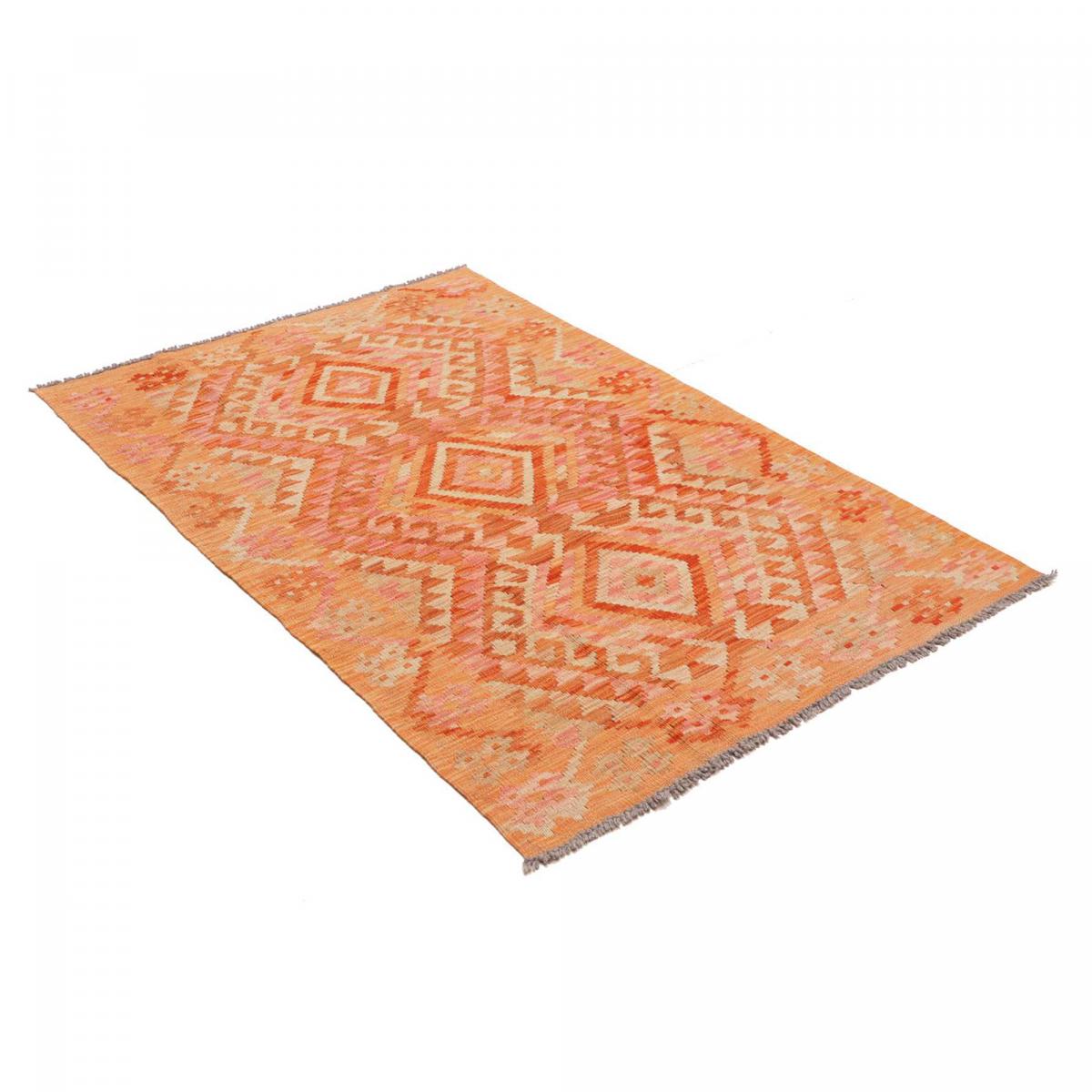 Tapis kilim, motif géométrique, tissé plat en laine, KILIM 37 orange, rose, rouge, UN AMOUR DE TAPIS