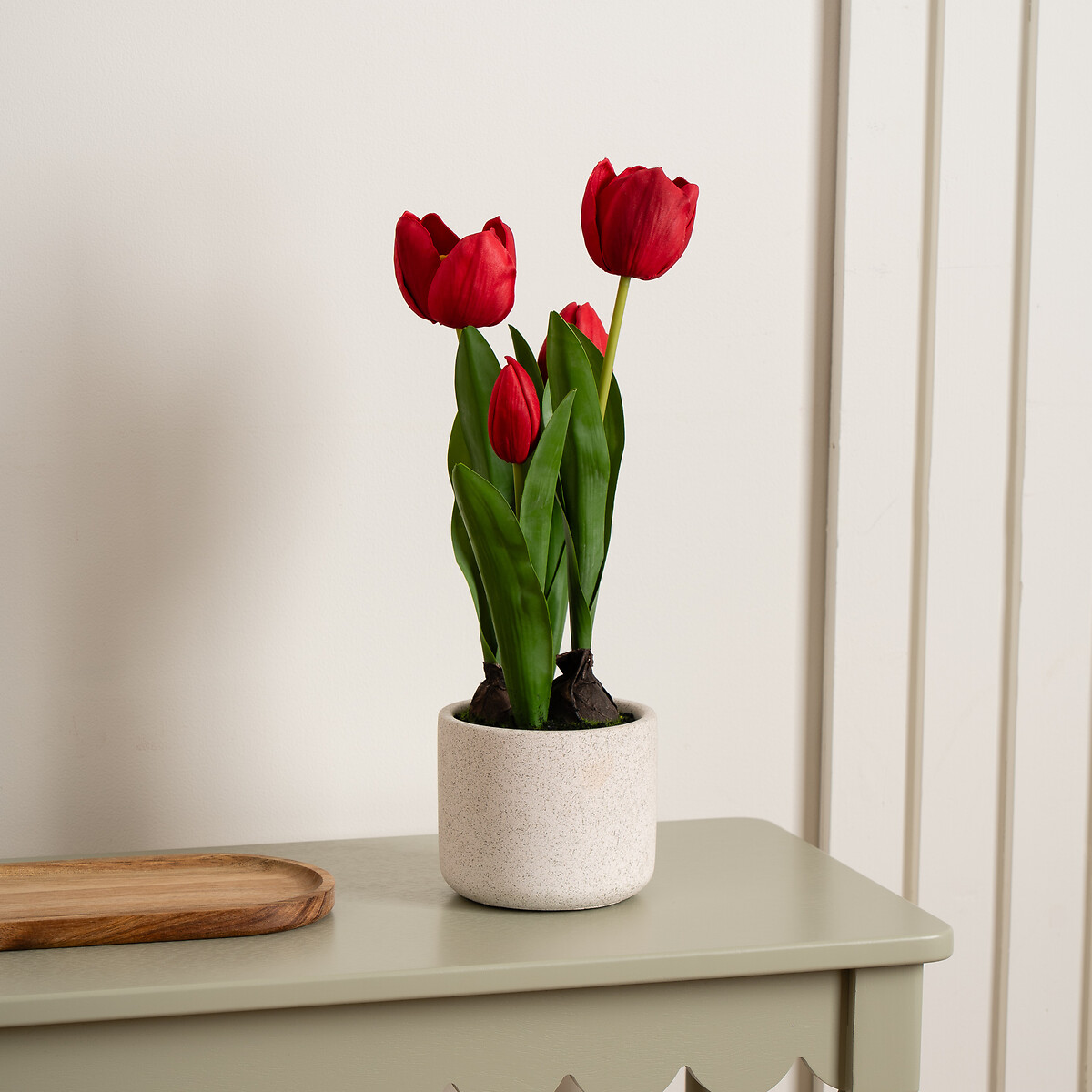 38cm Tulip Arrangement in Cement Pot red, SO'HOME