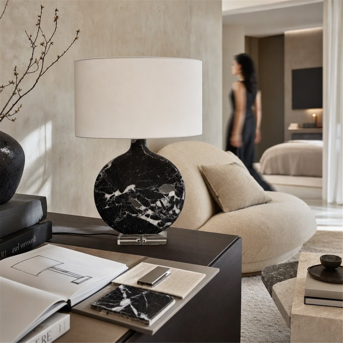 Lampe de table en marbre sans abat-jour noir et nickel, RECOLLECTION