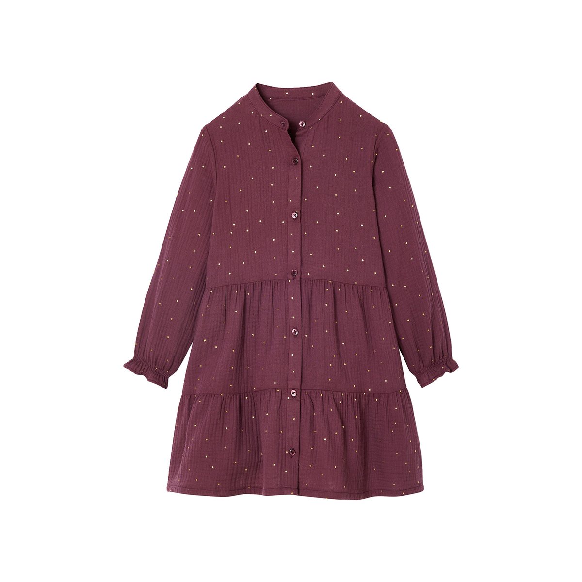 Robe en gaze de coton imprimée pois irisés prune, VERTBAUDET