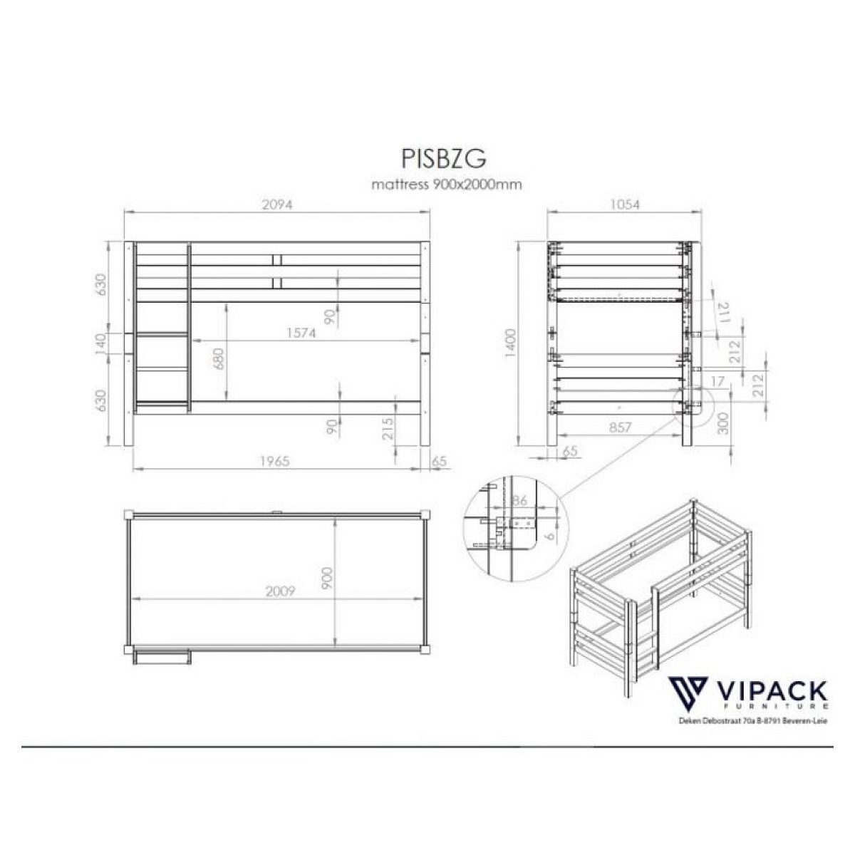 Vipack PINO Lits superposés pin massif Naturel 209x105x140cm + Lit gigogne couleur unique, VIPACK