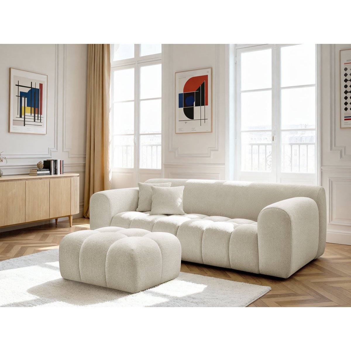 Canapé droit fixe 3 places en tissu chiné avec pouf, MELISSE blanc, BOBOCHIC
