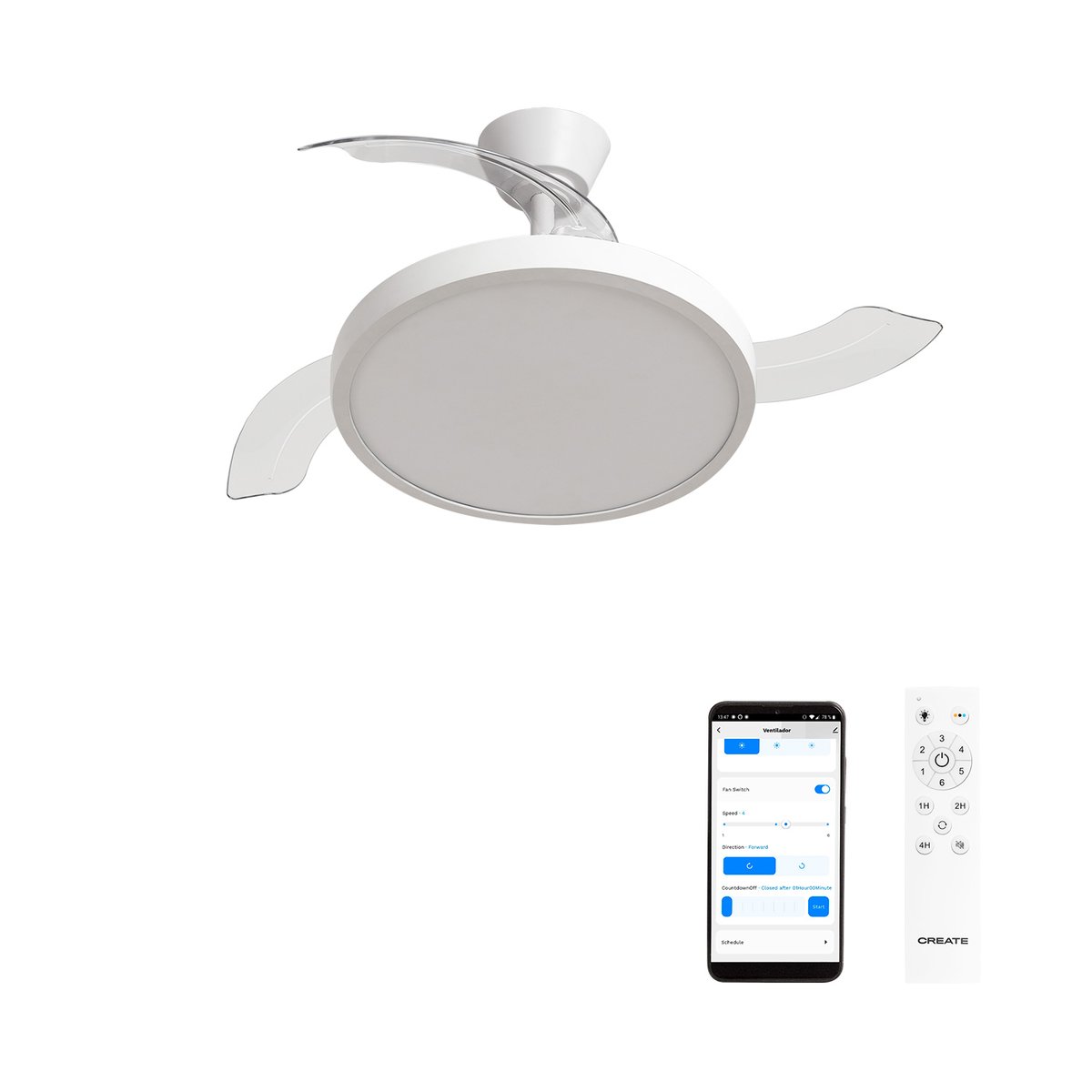 Ventilateur de plafond 40W silencieux avec lumiére et Wi-Fi WIND CLEAR STUDIO blanc/transparent, CREATE
