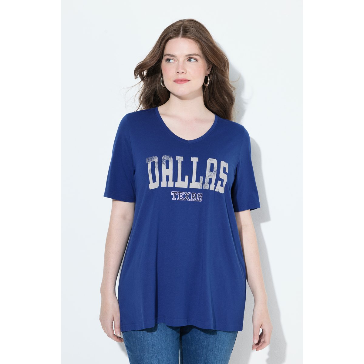 T-shirt évasé avec message imprimé bleu foncé, ULLA POPKEN