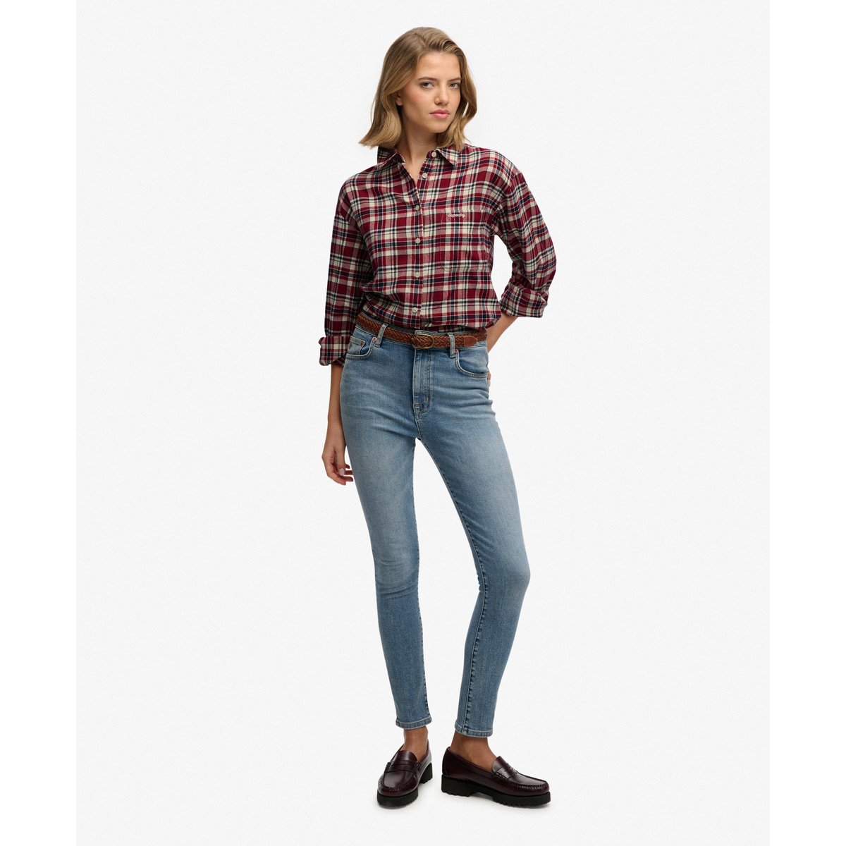 Chemise décontractée en flanelle à carreaux carreaux rouge bordeaux, SUPERDRY