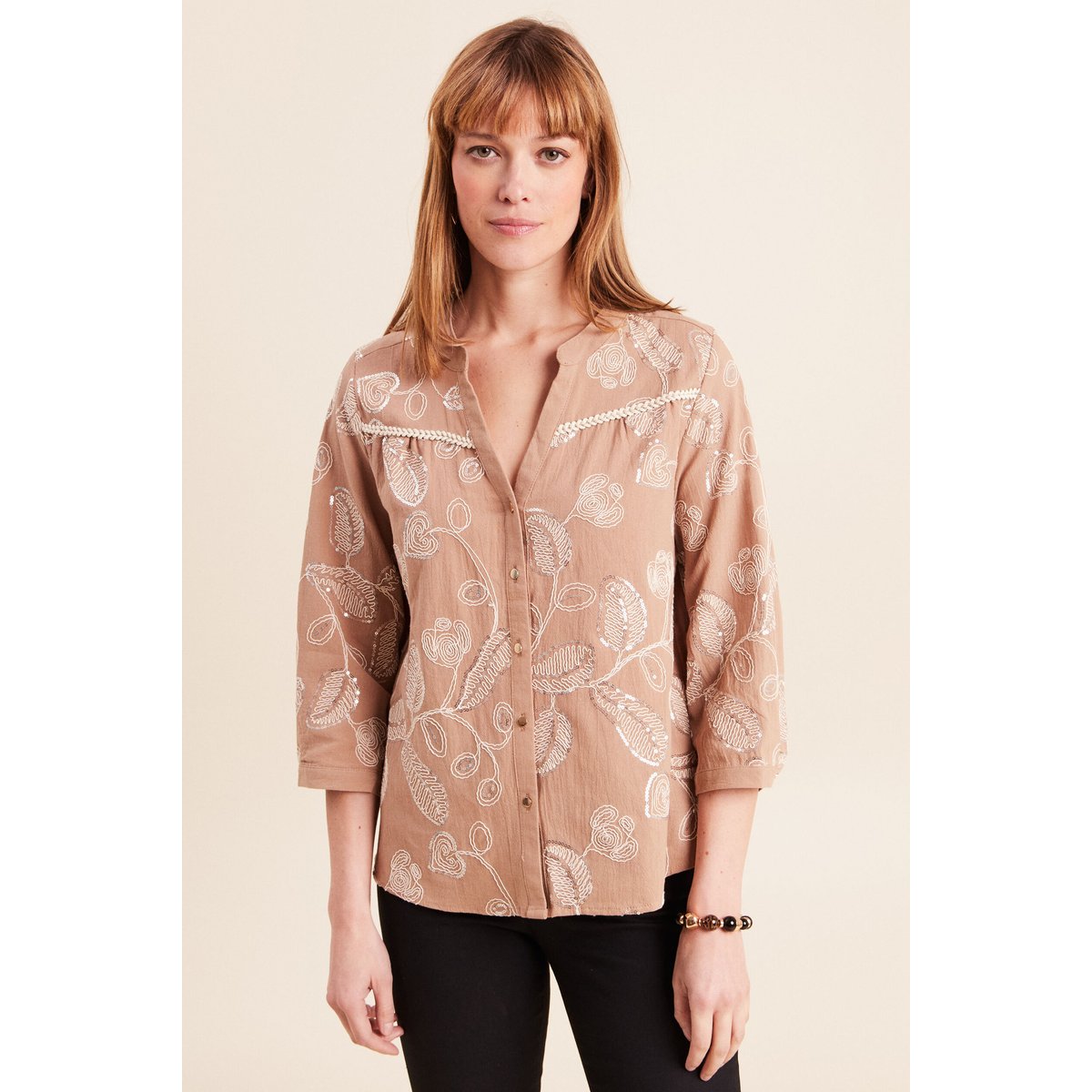 Blouse col tunisien manches 3/4 beige, BREAL