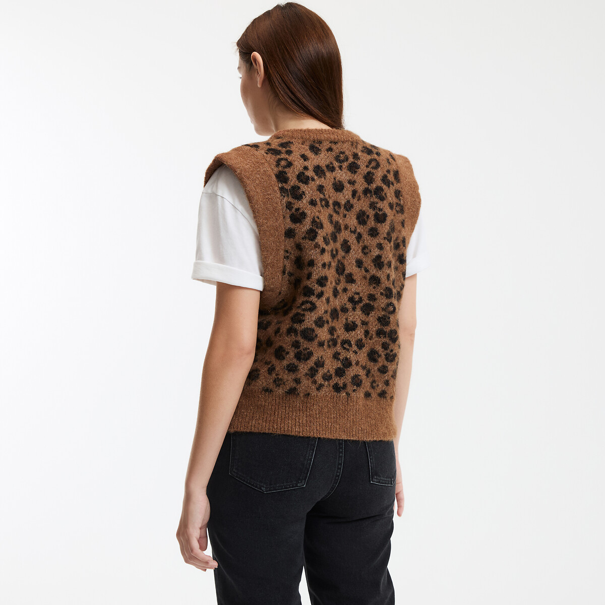 Short Sleeveless Cardigan in Leopard Print leopard print, LA REDOUTE COLLECTIONS