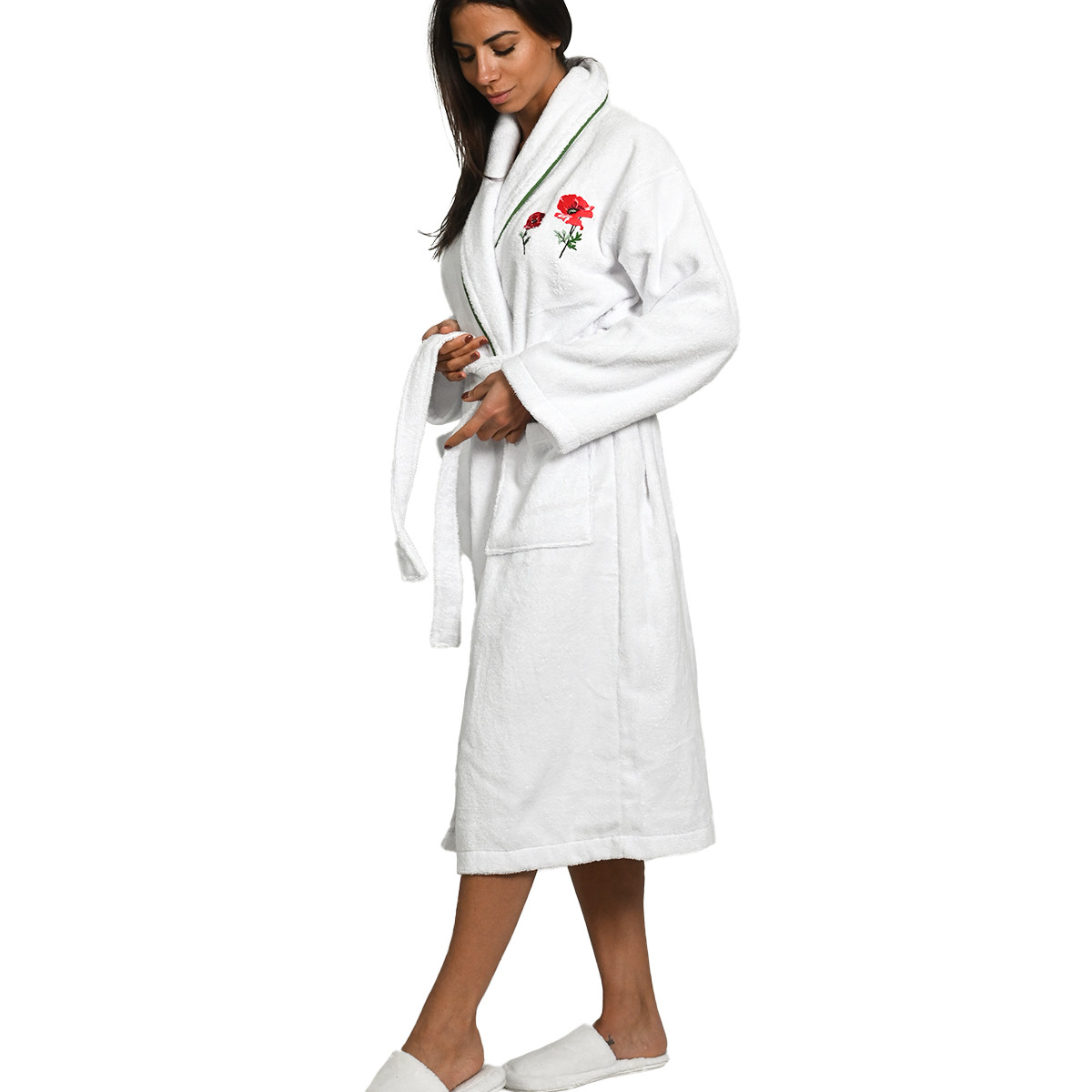 Peignoir brodé col châle 420 g/m² AURORE blanc, SENSEI MAISON