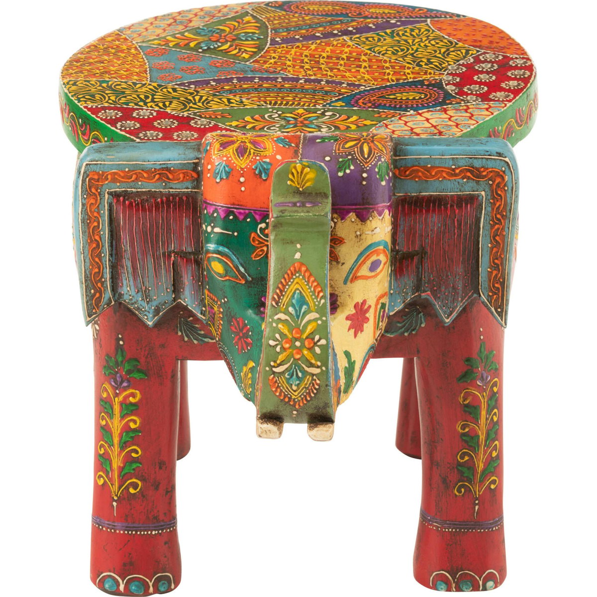 Tabouret éléphant en bois de manguier peint rectangulaire multicolore motifs indiens artisanaux, RECOLLECTION