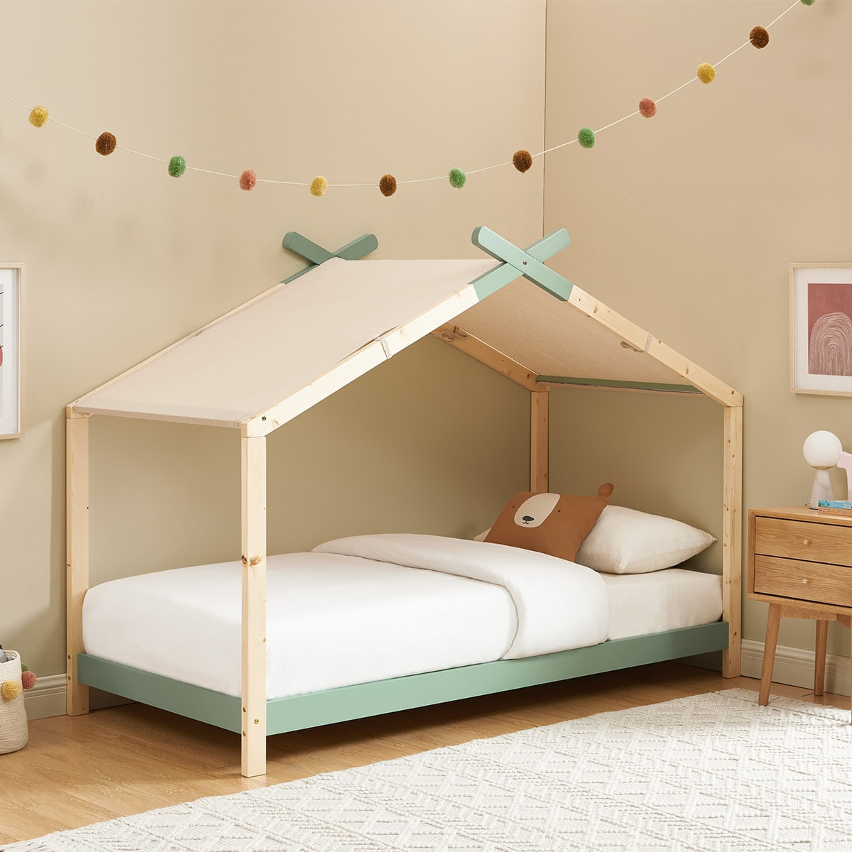 Lit cabane enfant en pin massif - CHARLY vert, HOMIFAB