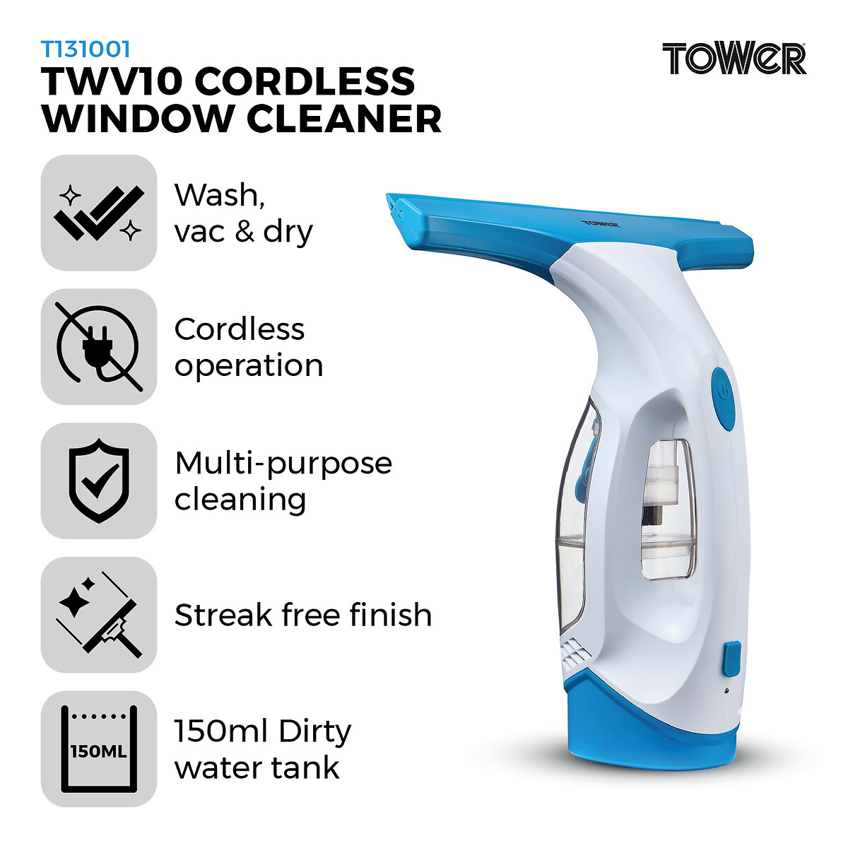 WV20 Cordless Window Vaccuum - T131001 blue, TOWER