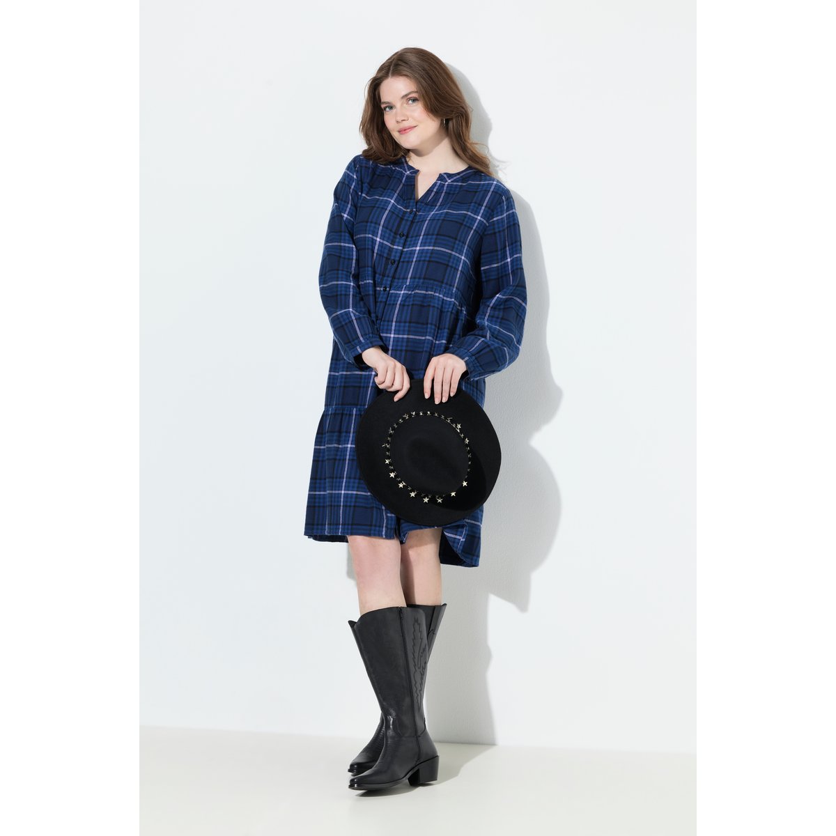 Robe à carreaux, volant à la base marine, ULLA POPKEN