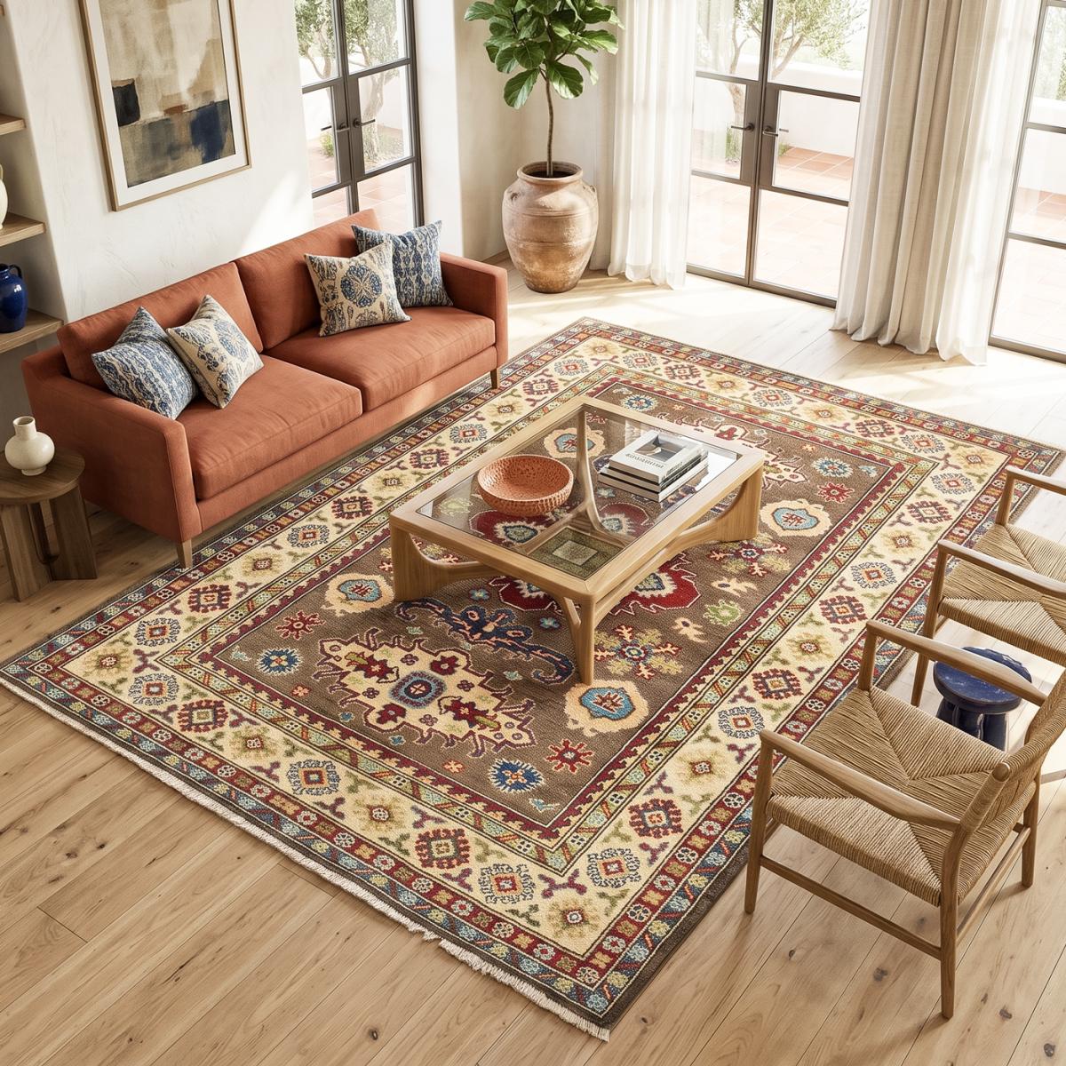 Tapis salon géométrique, noué main en laine, KAZAK CO 61 marron, beige, rouge, UN AMOUR DE TAPIS