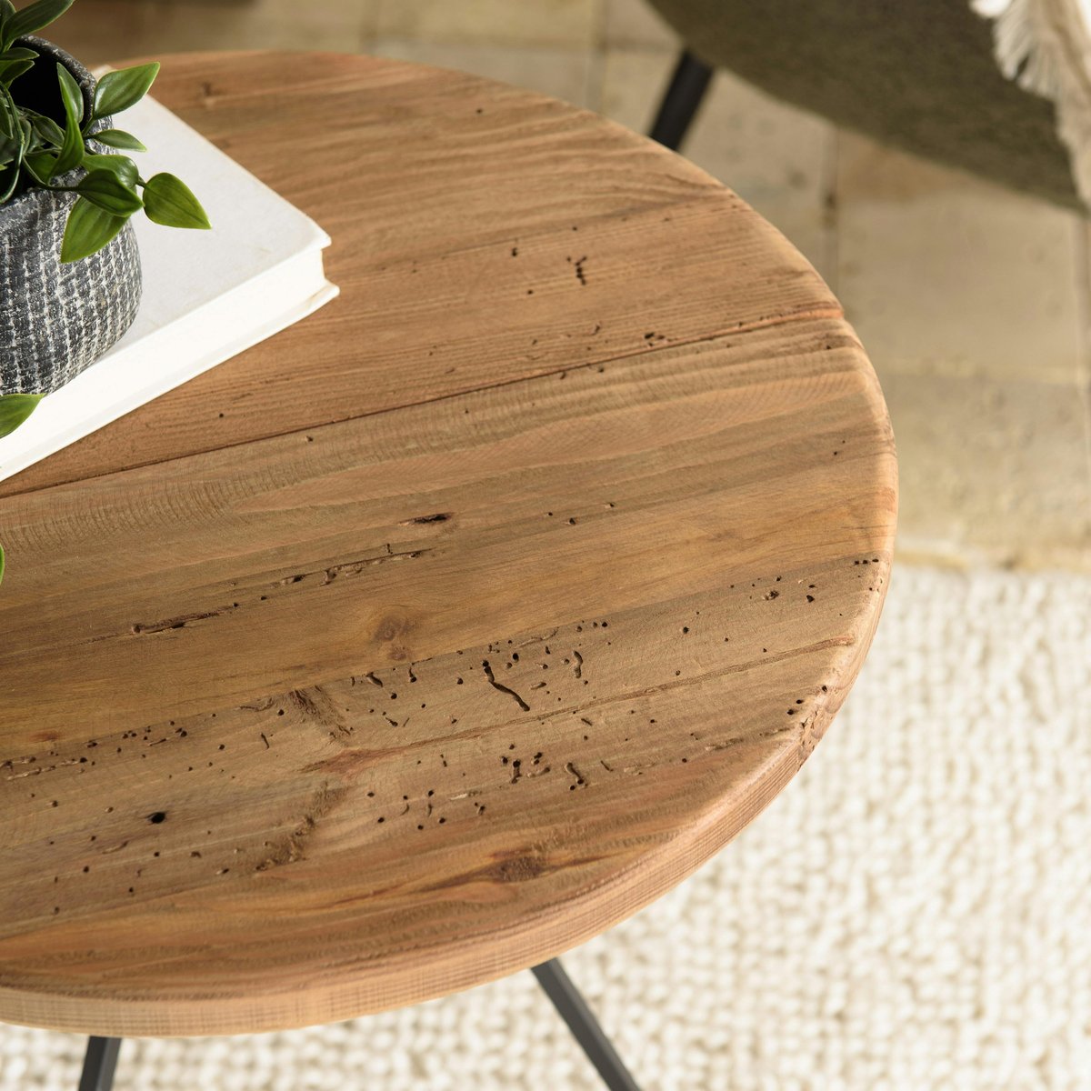 Bout de canapé rond pin recyclé CRACOVIE bois naturel, PIER IMPORT