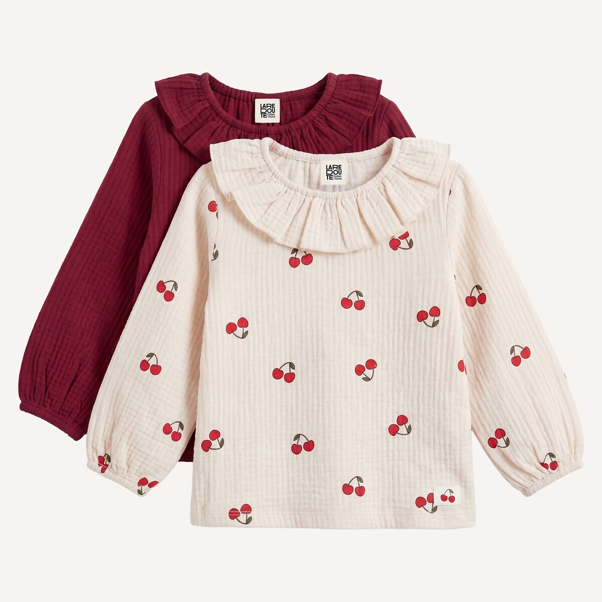 Lot de 2 T-shirts forme blouse, à manches longues, col volanté, en gaze de coton bordeaux/écru, LA REDOUTE COLLECTIONS
