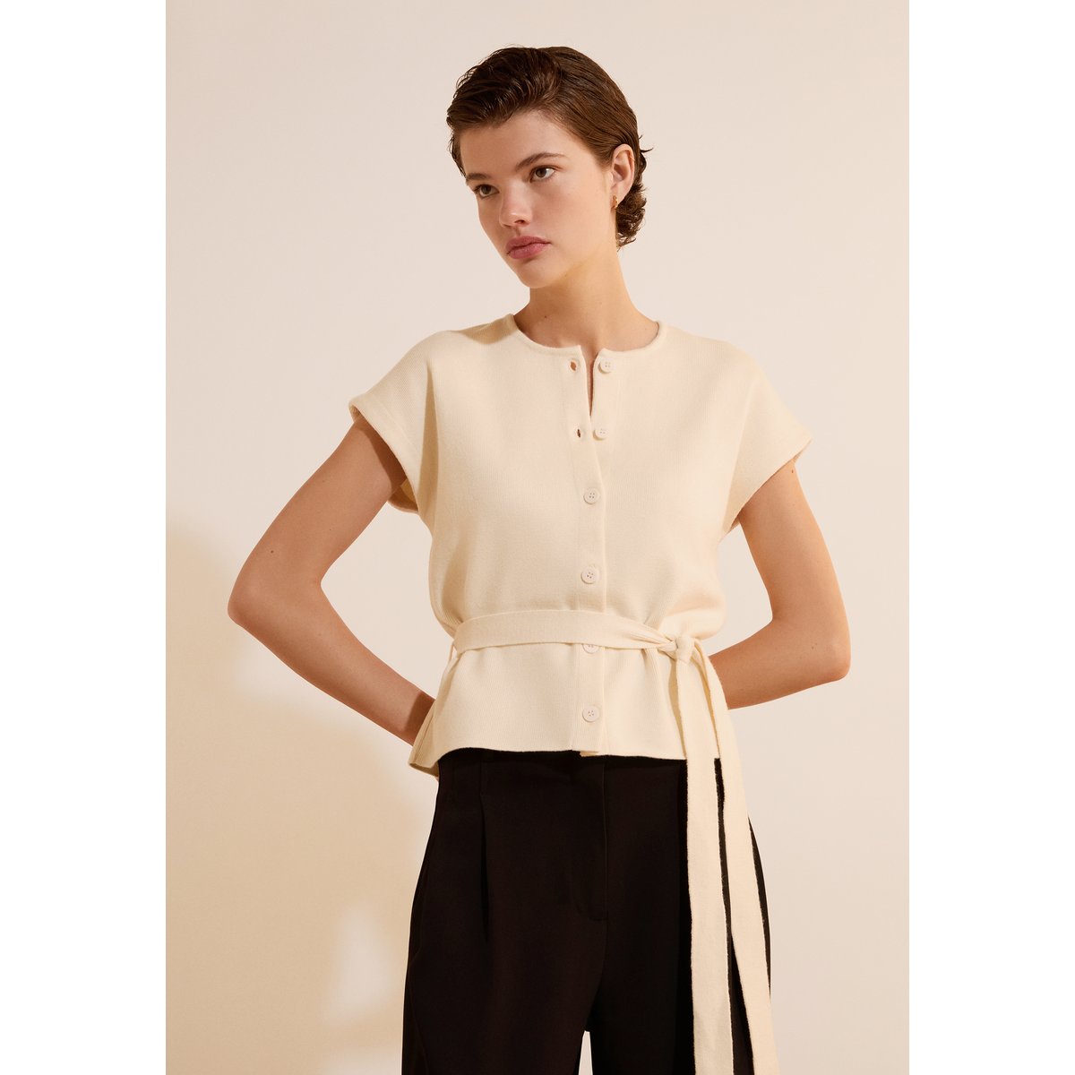 Cardigan à manches courtes avec lien à nouer SIDONIE VESTE ecru, ETAM