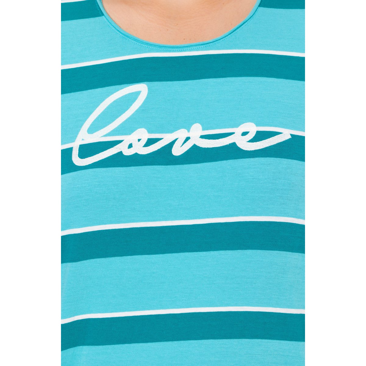 T-shirt rayé avec broderie. Encolure ronde aqua foncé, ULLA POPKEN