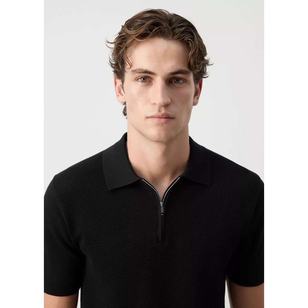Polo 100 % coton maille structure noir, MANGO MAN