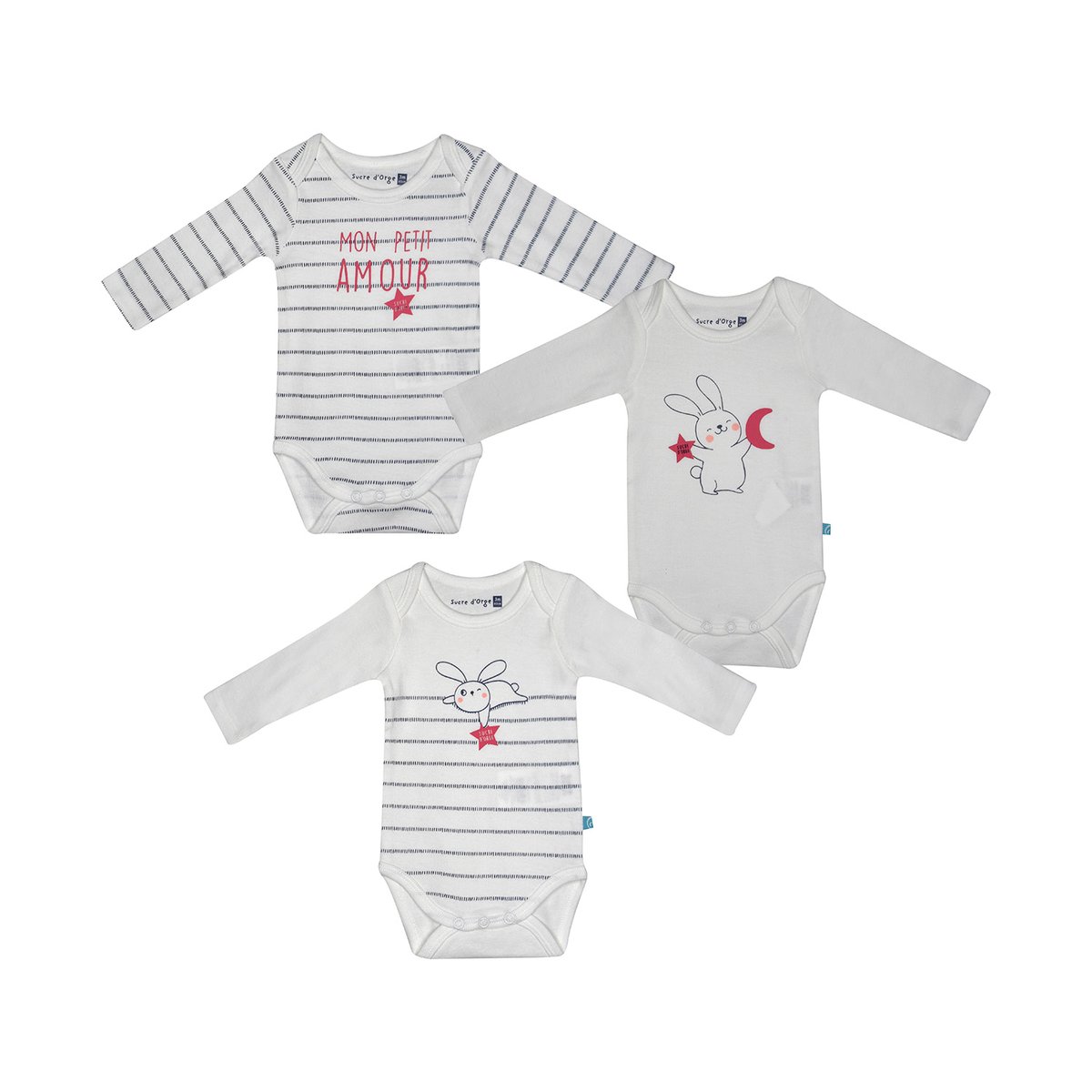 Lot 3 bodies bebe filaire coton bio blanc, SUCRE D'ORGE