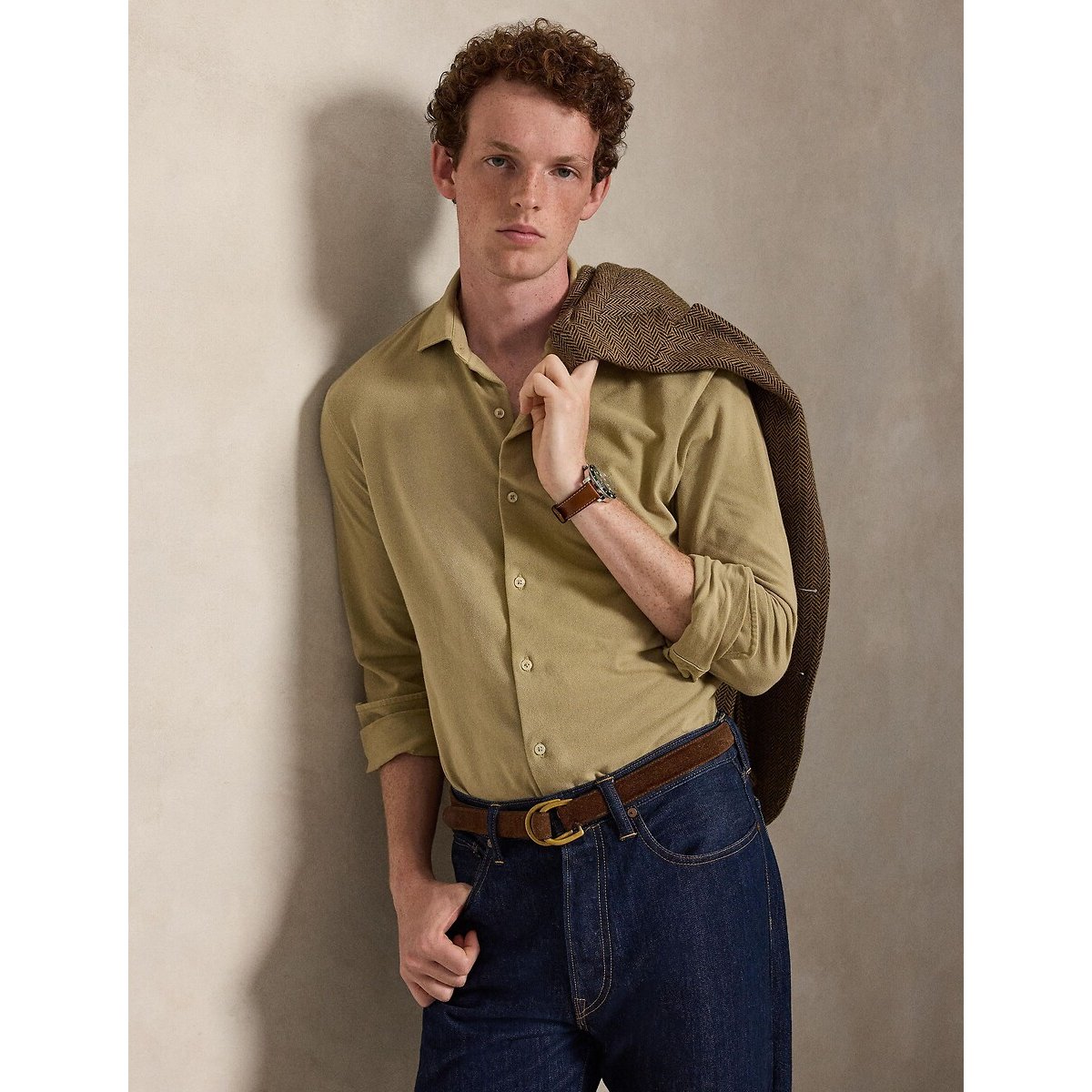 Camisa ligera de piqué de algodón beige caqui, POLO RALPH LAUREN