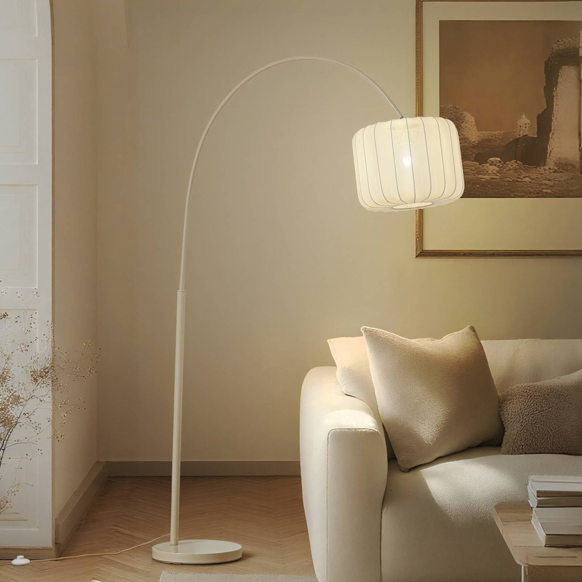 Lampadaire en textile moderne, Helin beige, LINDBY