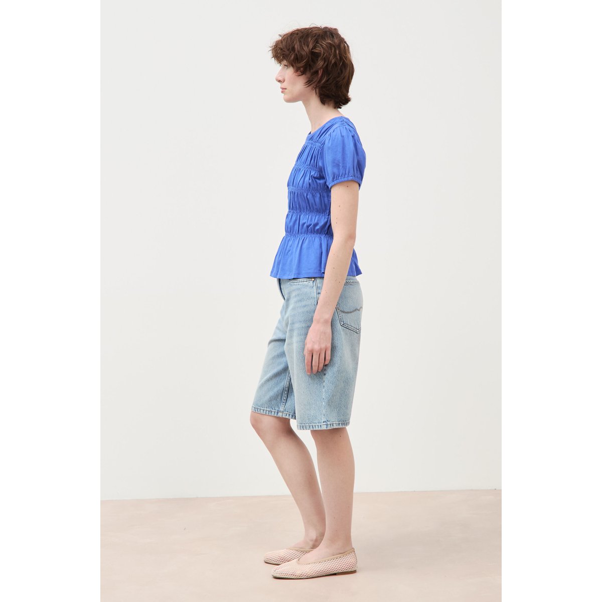 T-shirt froncé col rond manches courtes bleu electrique, BONOBO
