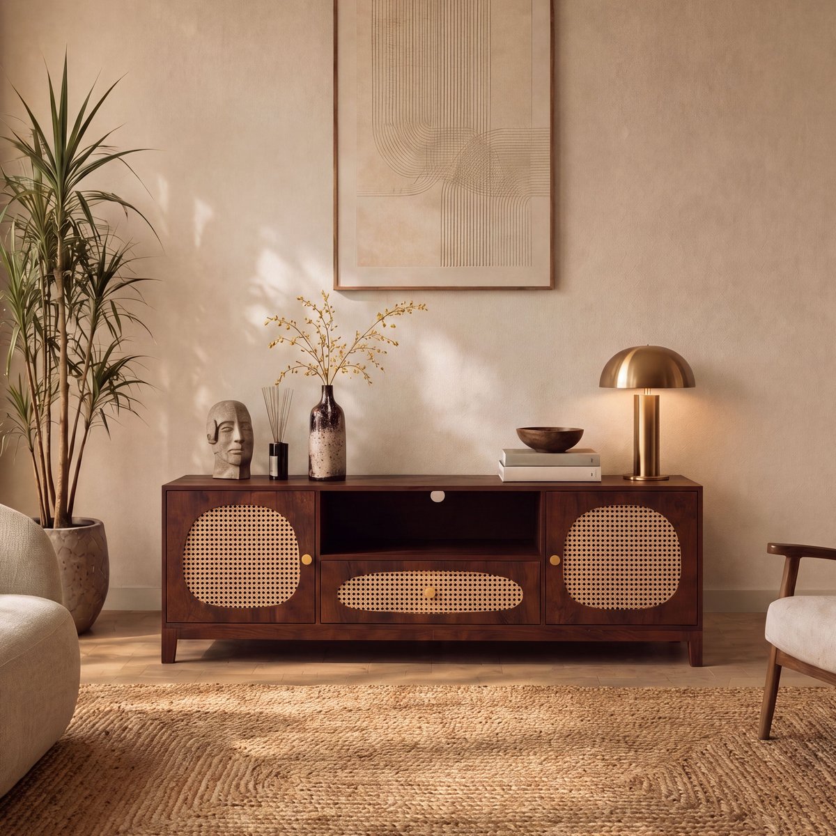Meuble TV en bois de manguier et cannage - LANKA marron foncé, MAISON PAVANE