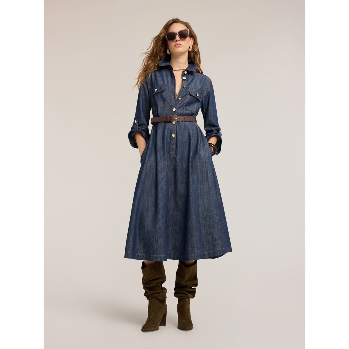 Robe chemise midi avec ceinture bleu, MOTIVI