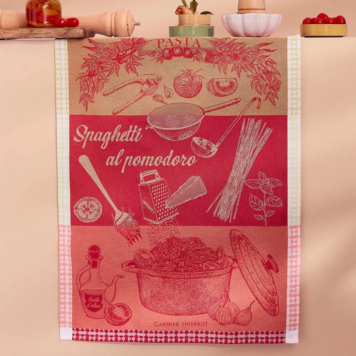 Torchon pur coton SPAGHETTI POMODORO basilic, GARNIER THIEBAUT