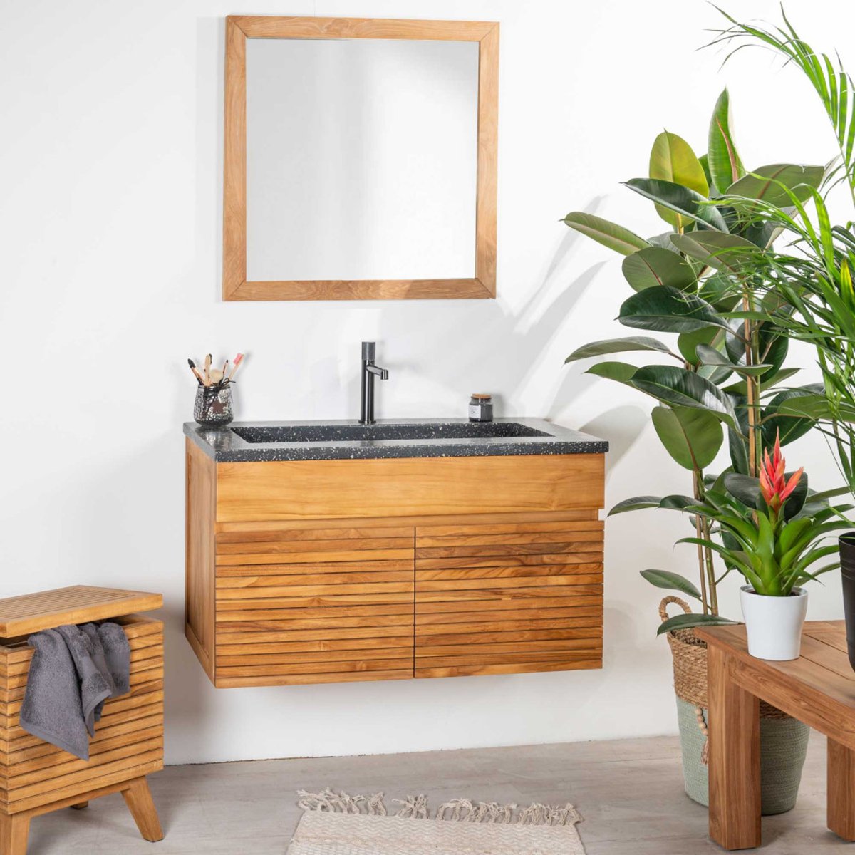 Meuble salle de bain en teck et terrazzo noir Aktual 90cm noir, WANDA COLLECTION