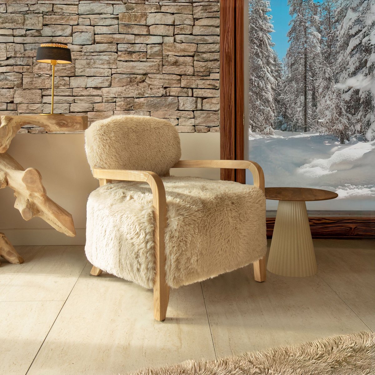 Fauteuil imitation fourrure et structure en bois, YACK beige-naturel, NOW'S HOME