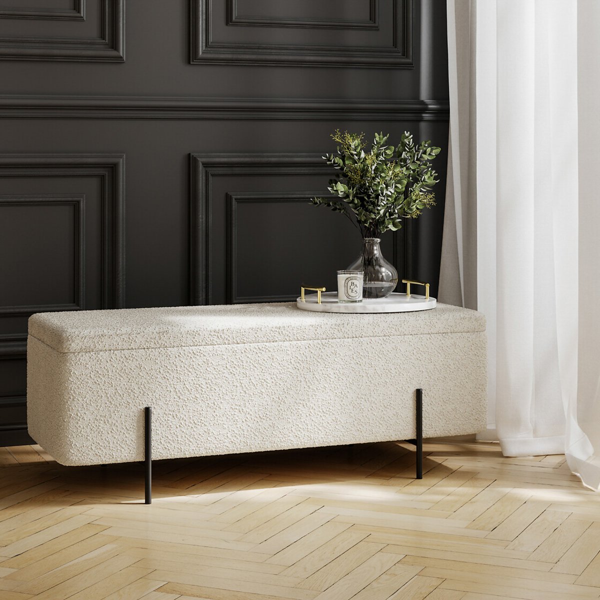Bouclé Storage Ottoman Bench ivory, SO'HOME