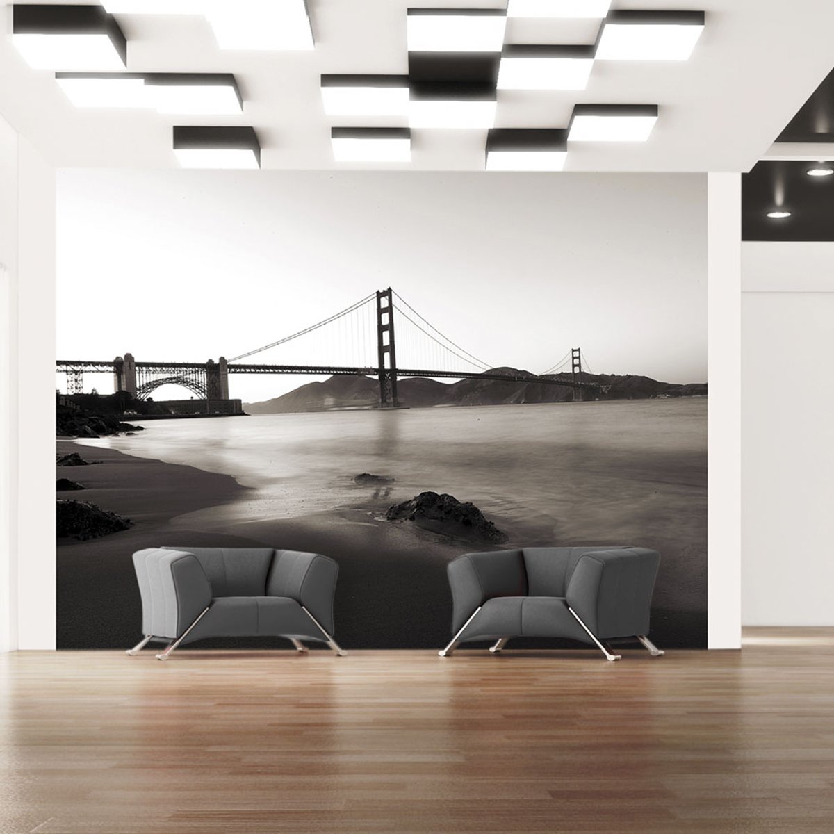 Papier peint intissé panoramique Ville et Architecture San Francisco : Golden Gate en noir et blanc noir, EDEN