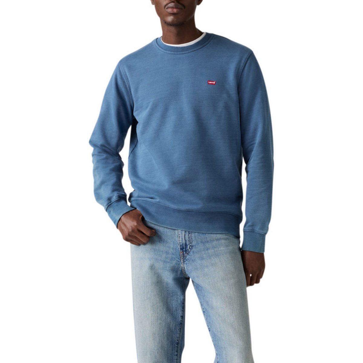 Pull en coton bleu à coupe droite effet délavé pourvu d'un col rond bleu, LEVI'S