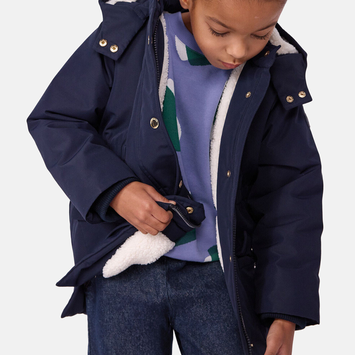 Parka di media lunghezza con cappuccio, in tinta unita blu marino, PETIT BATEAU