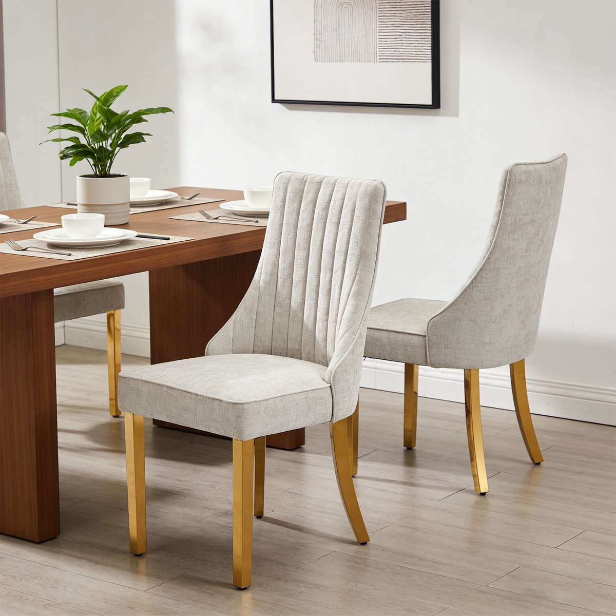 Lot de 2 chaises en tissu chenille avec pieds métal doré, GERRYC beige, MEUBLES COSY