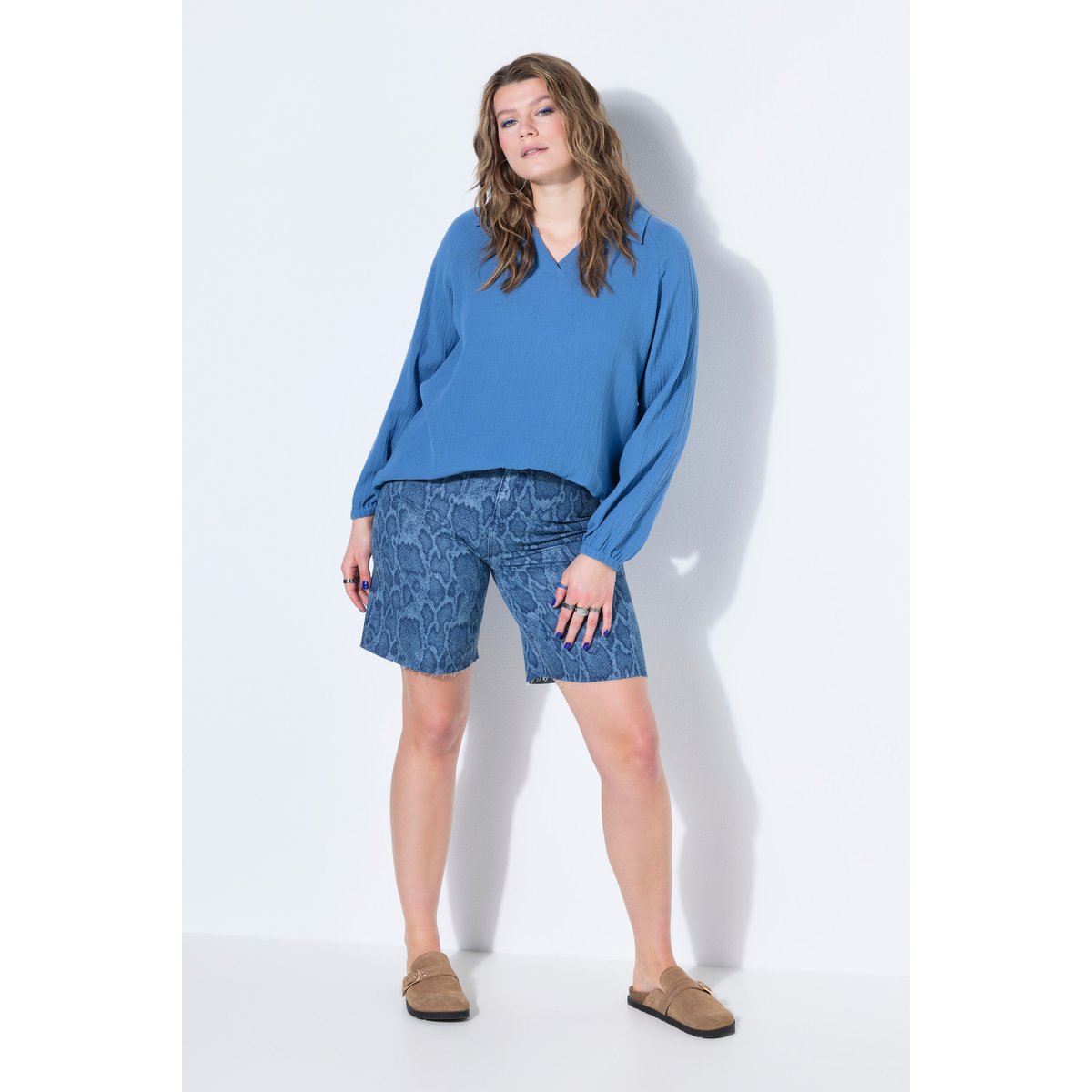 Short en jean, jambes larges, taille haute jean bleu foncé, STUDIO UNTOLD