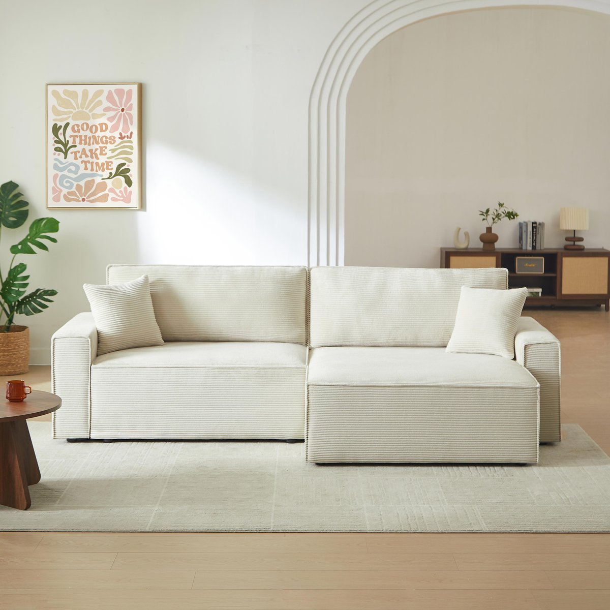 Canapé d'angle convertible velours ZOLA beige, BAÏTA