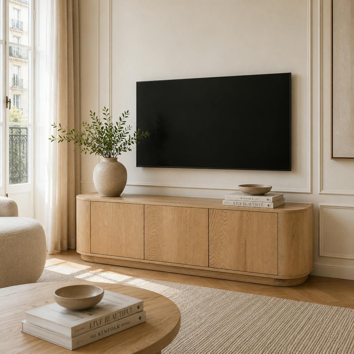 Meuble TV design en chêne, 3 portes LOREN bois clair, PIER IMPORT