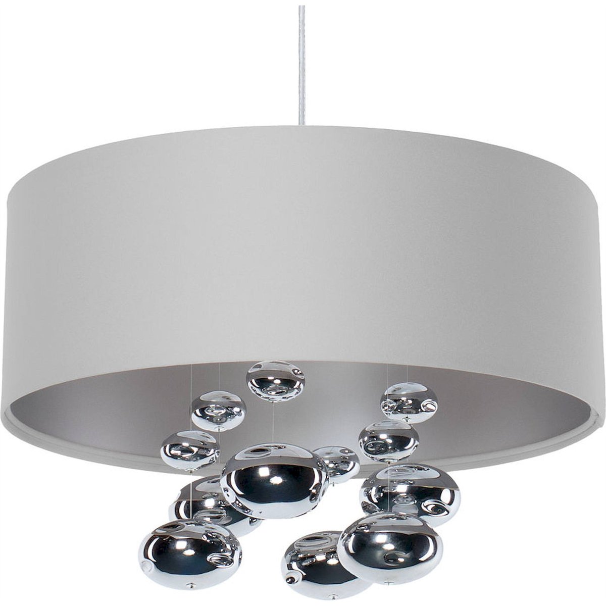 Suspension ronde en tissu boules décoratives Bubble Light gris satin avec finition argent mat, BPS KONCEPT