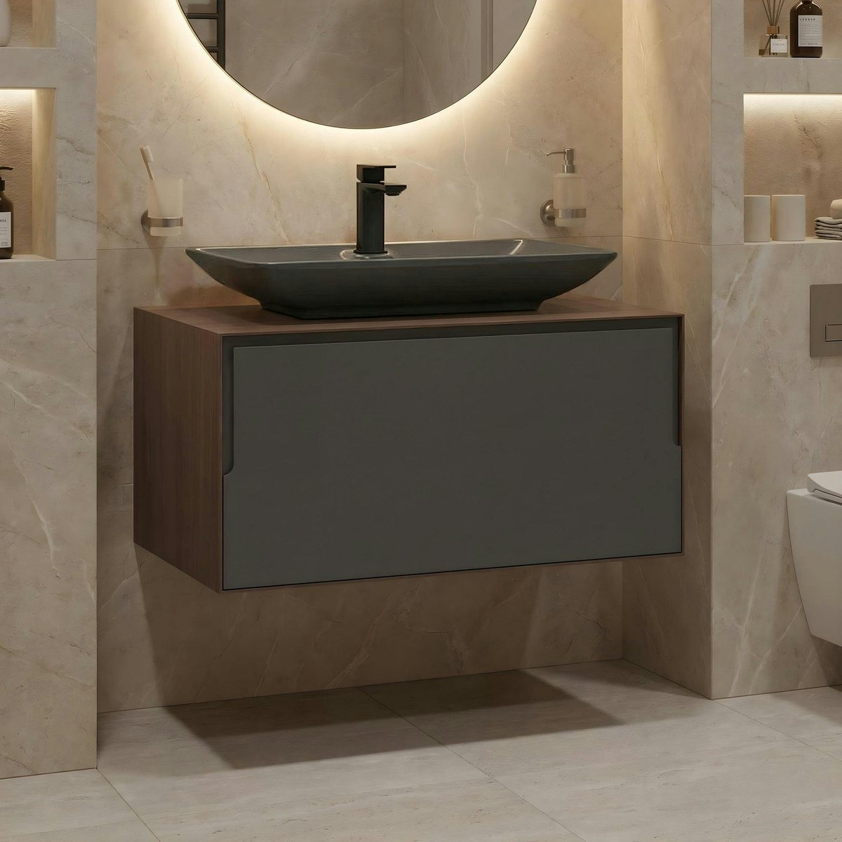 Meuble vasque suspendu 80 cm, 2 tiroirs RIA gris, PIER IMPORT