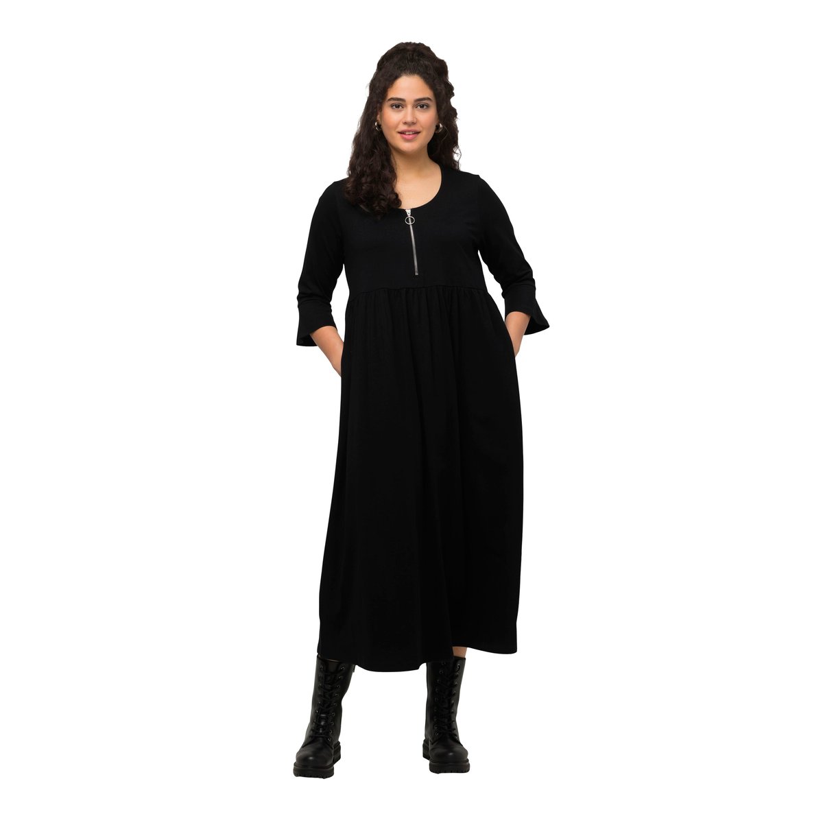 Robe en jersey à col rond et manches 3/4. noir, ULLA POPKEN