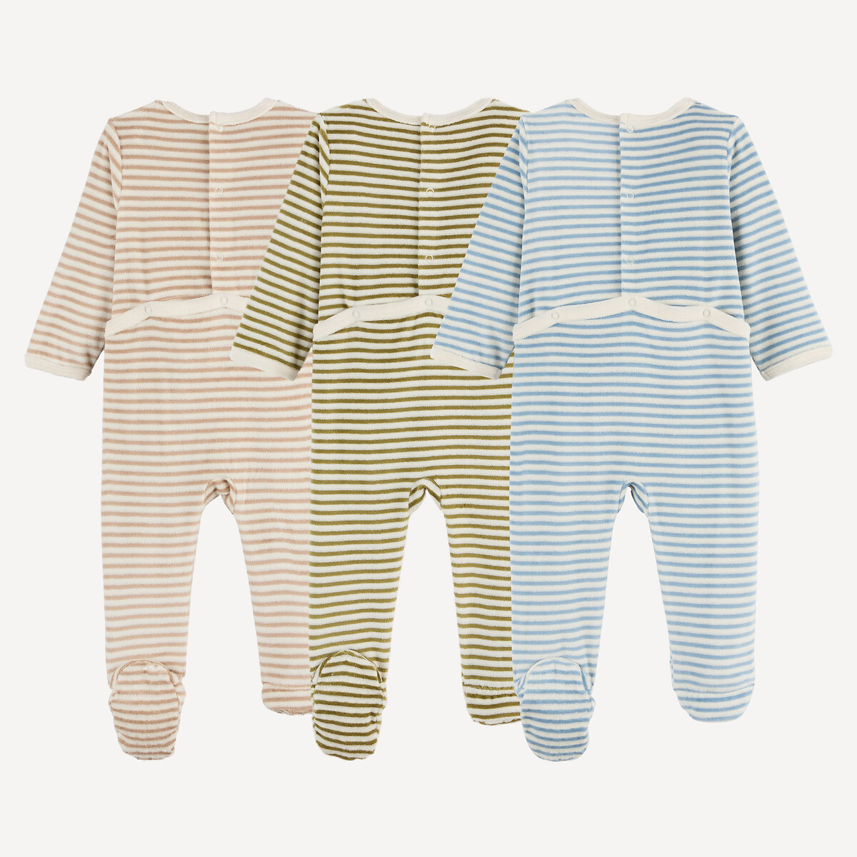 Lote de 3 pijamas de uma peça, às riscas, em veludo, com texto estampado no peito sortido, LA REDOUTE COLLECTIONS