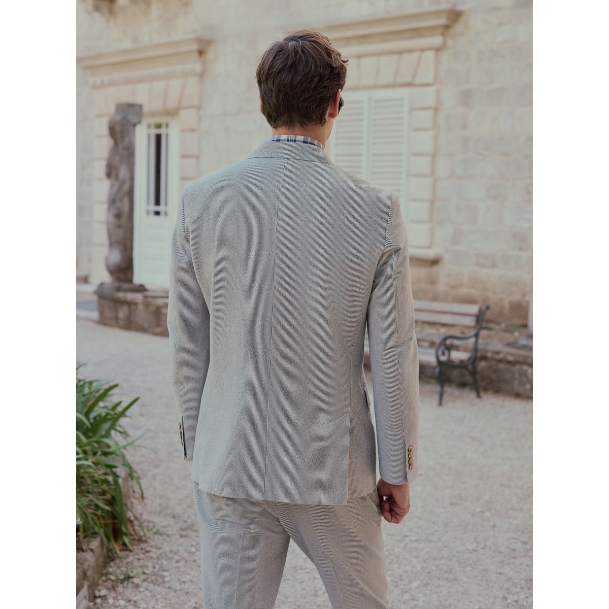 Veste de costume ajustée/croisée seersucker signature bleu, NEXT