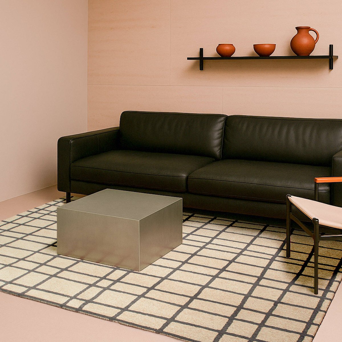 Tapis intérieur extérieur jacquard, CARO crème à quadrillage noir charbon, RECOLLECTION