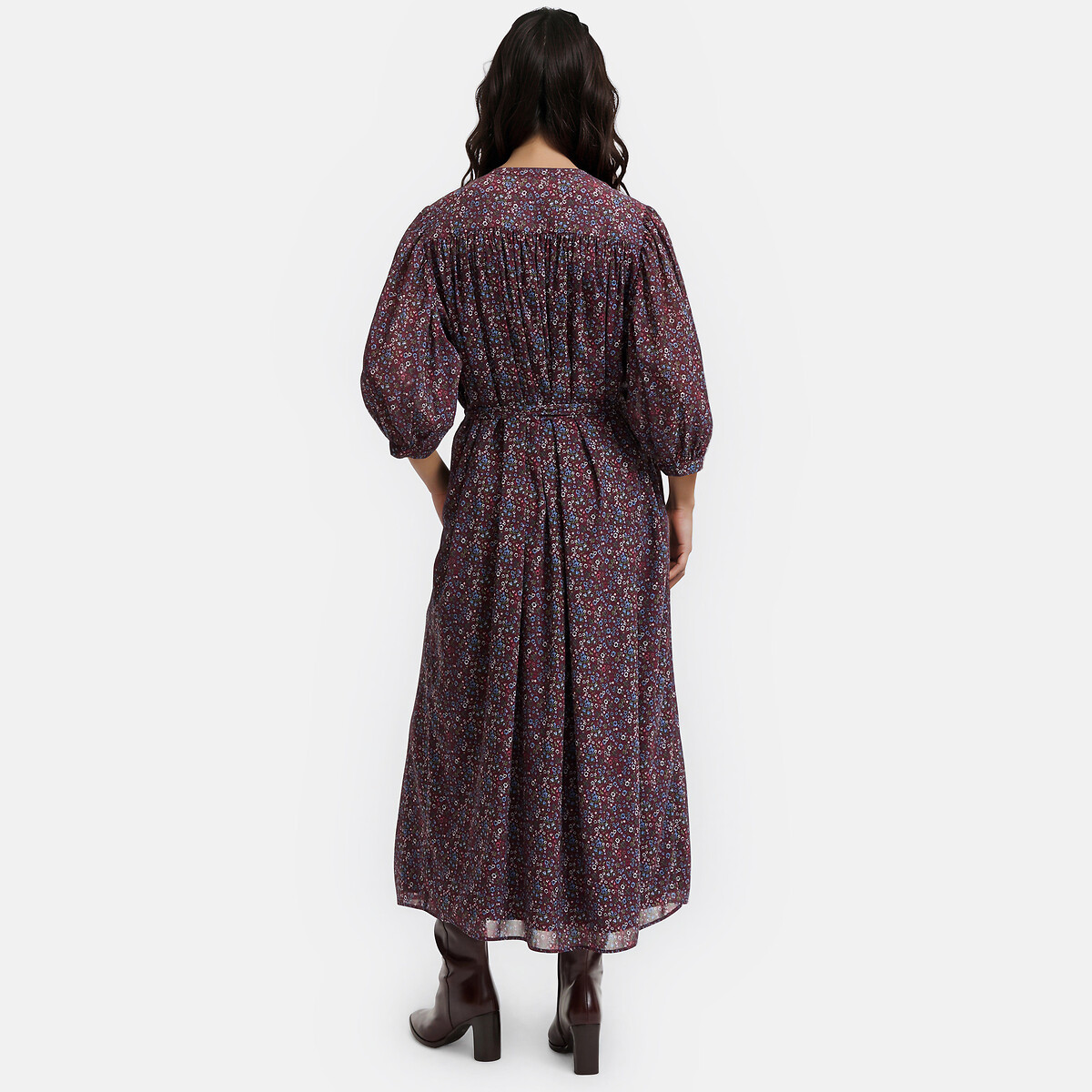 Langes Kleid mit Blumenmuster, 3/4-Ärmeln und Rundhalsausschnitt bordeauxrot geblümt, LA REDOUTE COLLECTIONS
